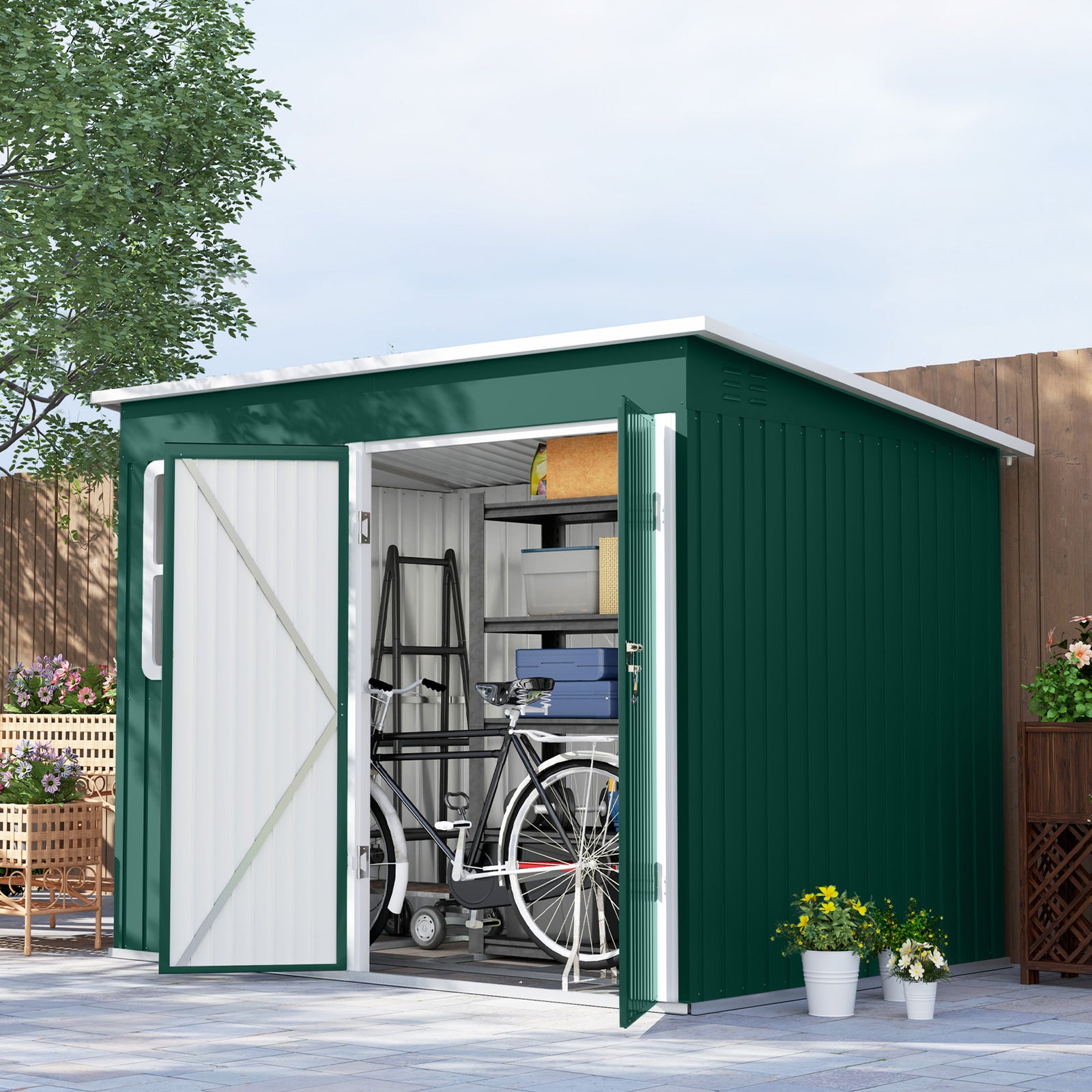 8.5 x 6ft Storage Shed Galvanised Steel Garden Shed, Metal Shed with Foundation Kit, Window, Lockable Wide Doors and Air Vents for Outdoor Patio, Green