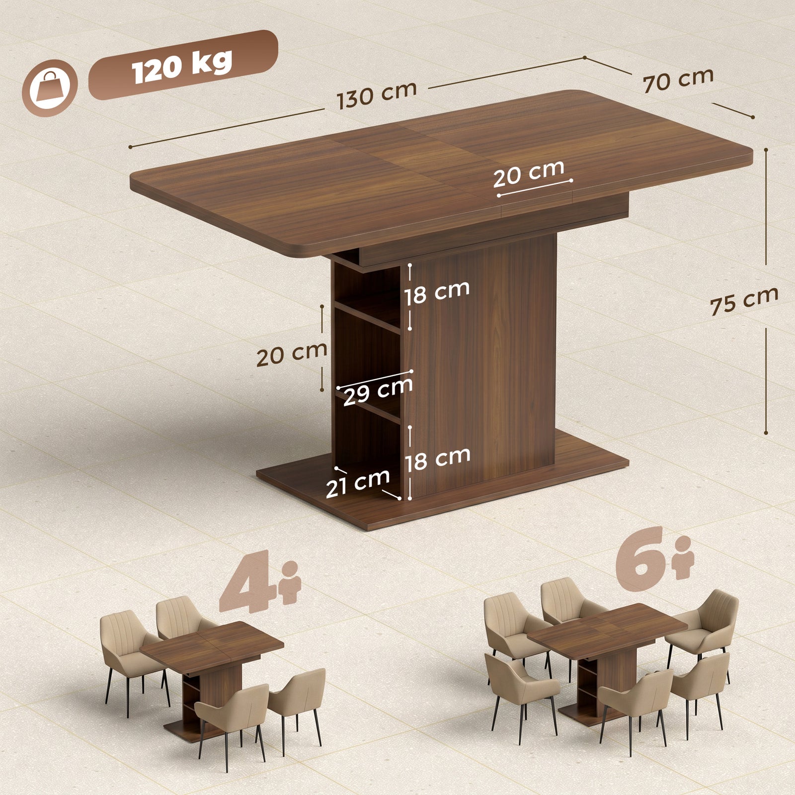 Extendable Dining Table for 4-6 People, 110-130cm Kitchen Table with 6