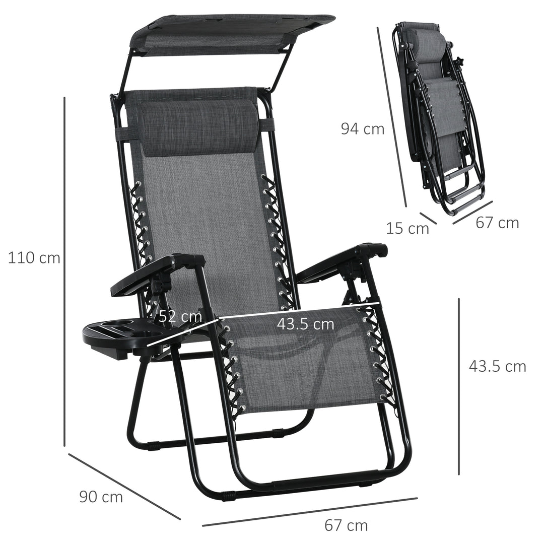 2 Piece Foldable Reclining Garden Chair with Headrest, Zero Gravity Deck Sun Lounger Seat Chair with Footrest, Armrest, Cup Holder & Canopy Shade, Light Grey