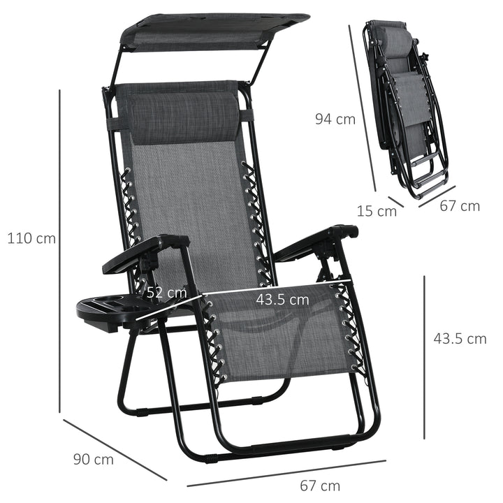 2 Piece Foldable Reclining Garden Chair with Headrest, Zero Gravity Deck Sun Lounger Seat Chair with Footrest, Armrest, Cup Holder & Canopy Shade, Light Grey