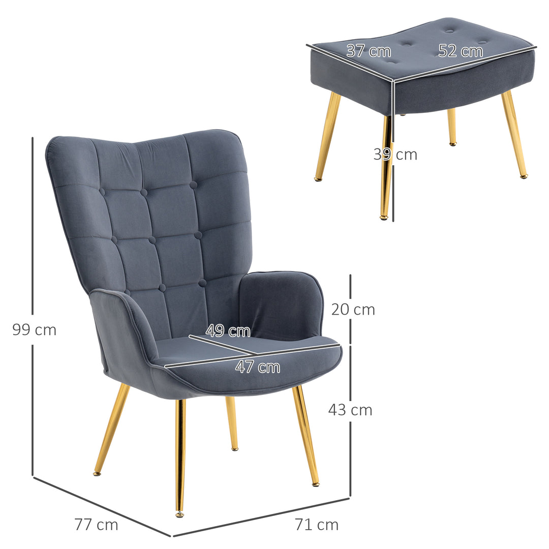 Modern Armchair with Footstool, Upholstered Accent Chair with Ottoman, Steel Legs, Velvet Wingback Chair for Living Room, Bedroom, Home Study, Dark Grey