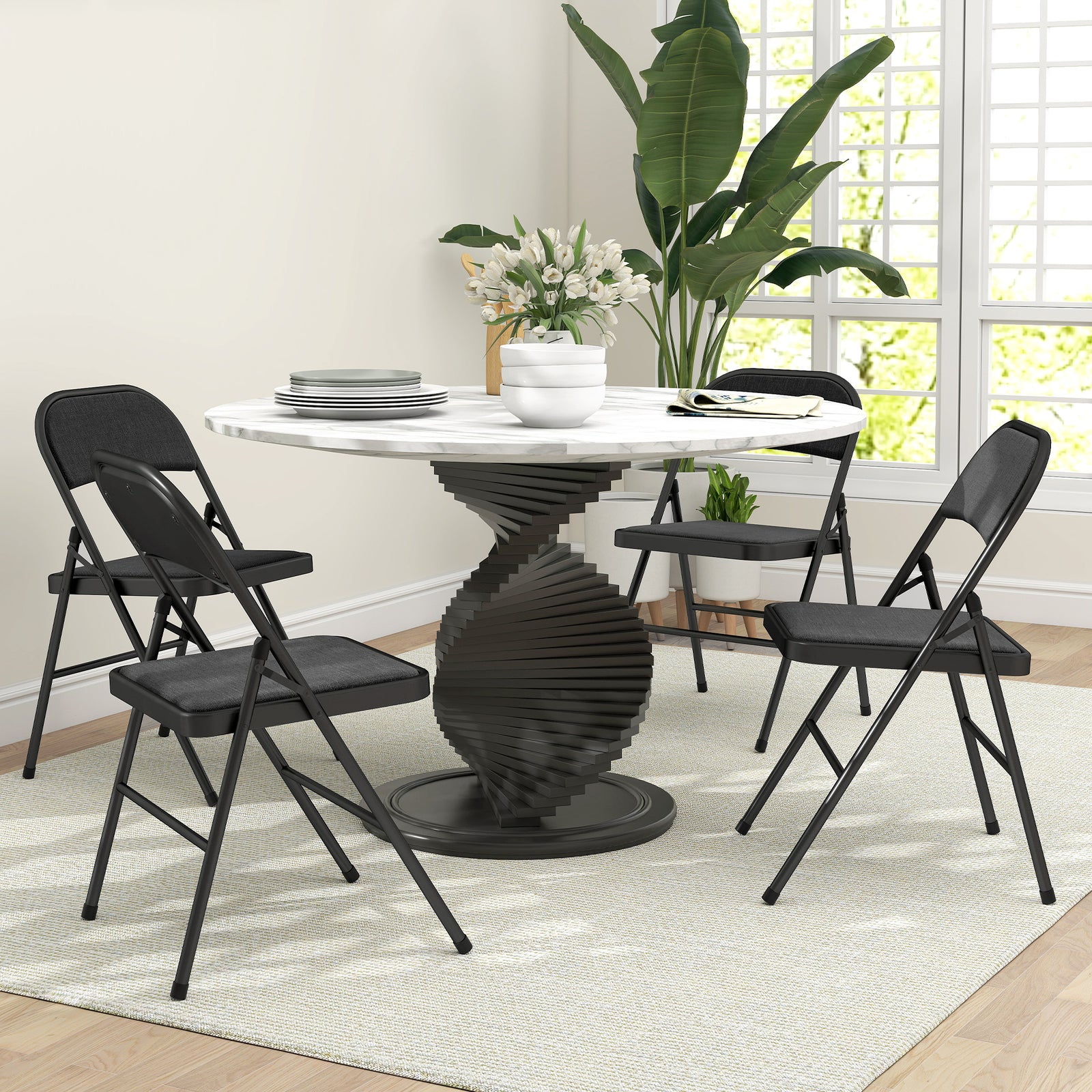 Linen-Look Set of Four Cushioned Folding Chairs - Black