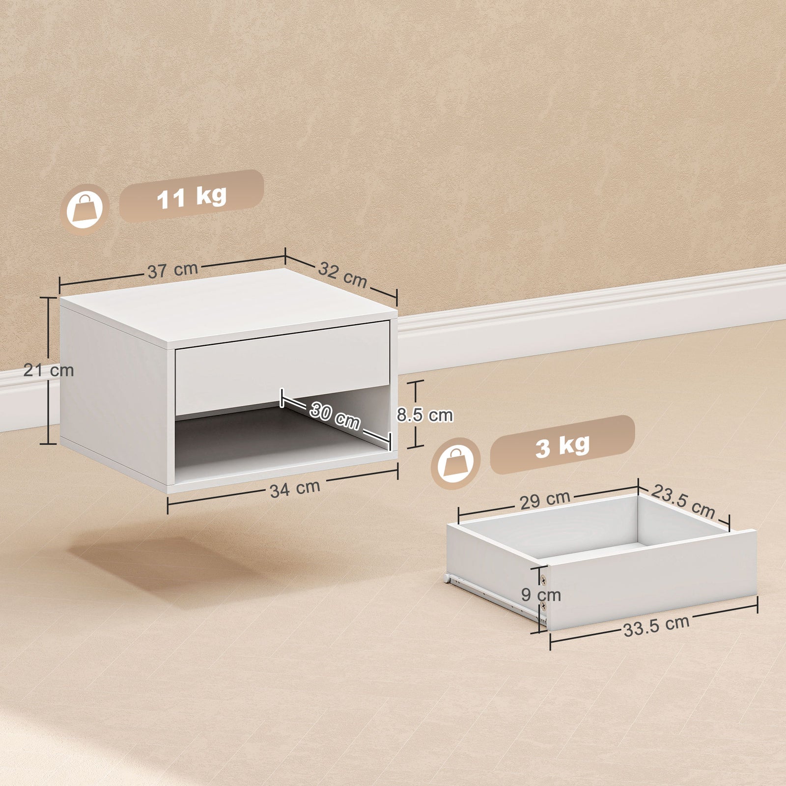 Set of Two Floating Bedside Tables - White