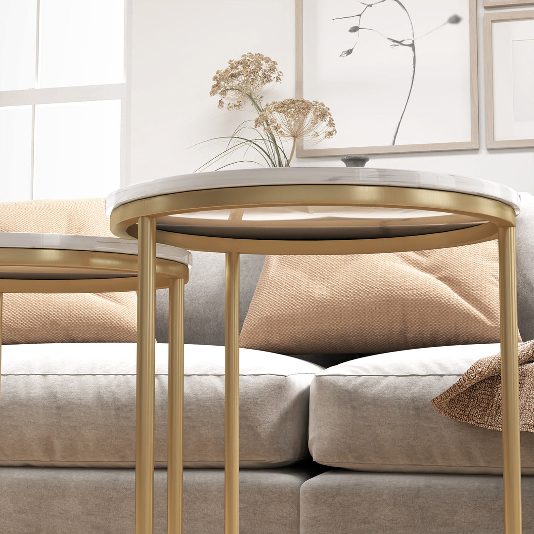 Set of Two Marble-Effect Nest of Tables - White/Gold-Tone