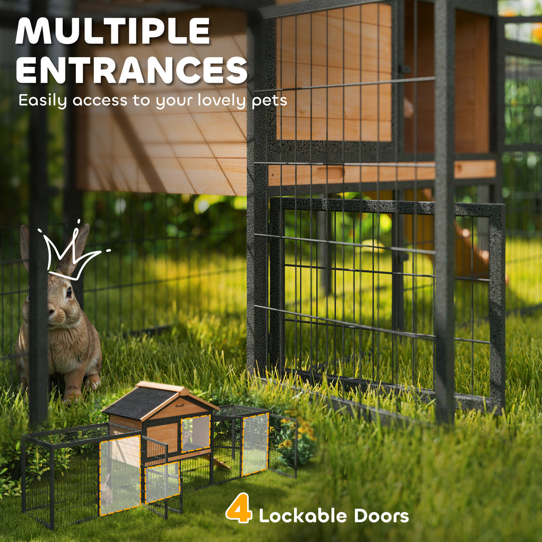 Wooden Rabbit Hutch Outdoor with Steel Run, Wooden Guinea Pig Cage with Removable Plastic Tray, Asphalt Roof, Ramp