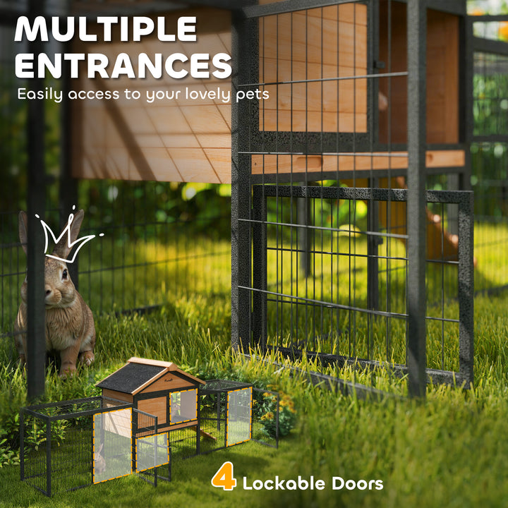 Wooden Rabbit Hutch Outdoor with Steel Run, Wooden Guinea Pig Cage with Removable Plastic Tray, Asphalt Roof, Ramp