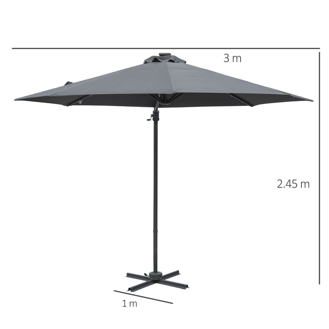 3(m) Cantilever Roma Parasol Patio Sun Umbrella with Crank & Tilt LED Solar Light Cross Base 360° Rotating Outdoor, Dark Grey
