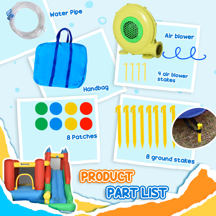 Kids Inflatable Bouncy Castle Water Slide 6 in 1 Bounce House Jumping Castle Water Pool Gun Climbing Wall Basketball Hoop with Air Blower for Summer Playland