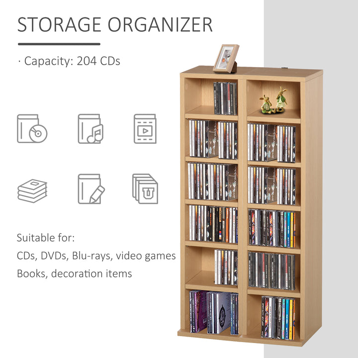204 CD Media Display Shelf Unit Set of 2 Blu-Ray Tower Rack w/ Adjustable Shelves Bookcase Storage Organiser, Natural Wood Colour