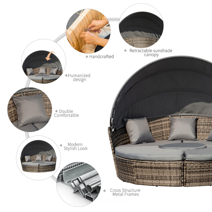 Outdoor PE Rattan Garden Furniture with Cushioned, Patio Wicker Conversation Furniture Set, Round Daybed with Retractable Canopy, Coffee Table and Three Pillows, Dark Grey