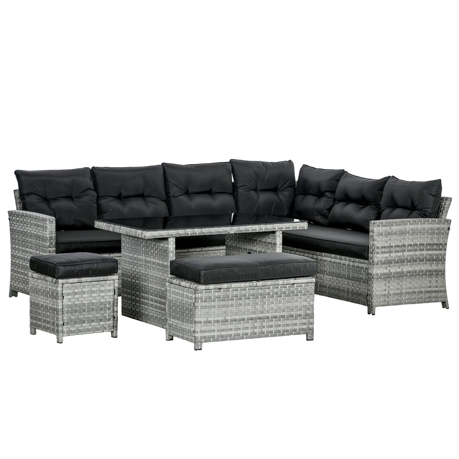 5-Piece Rattan Patio Furniture Set with Corner Sofa, Footstools, Glass Coffee Table, Cushions, Mixed Grey