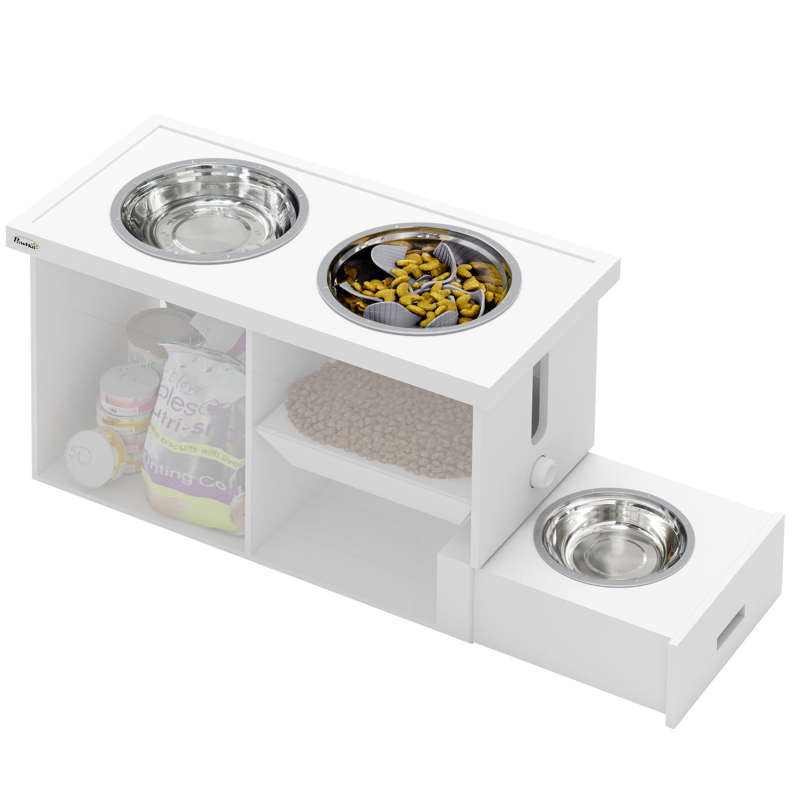 Raised Dog Bowls w/ Slow Feeder Mat, Storage Cabinet, Three Stainless Steel Bowls, Semi Auto Dispenser Function, White