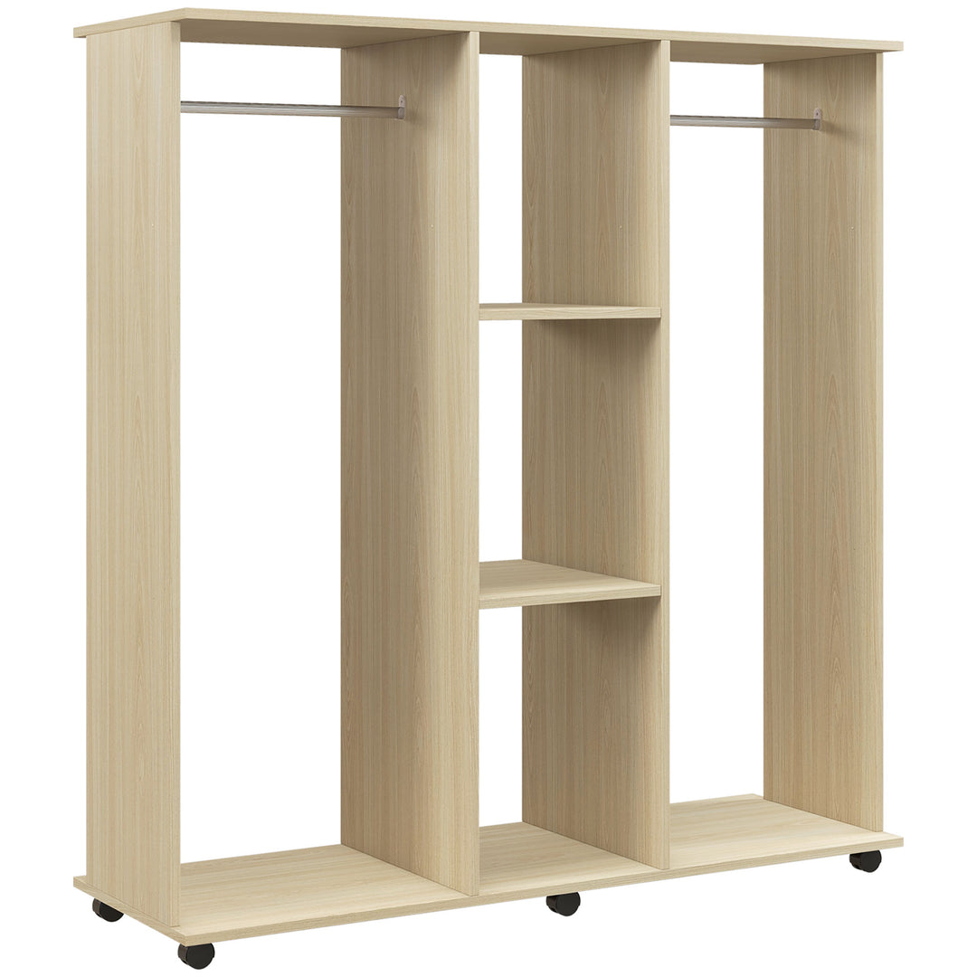 Open Wardrobe Double Mobile Storage Shelves Organizer W/6 Wheels-Natur