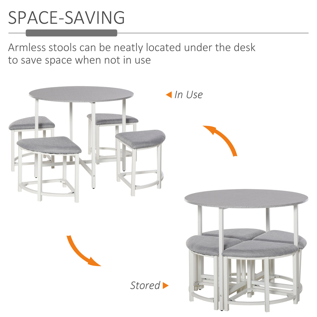 Modern Round Dining Table Set with 4 Upholstered Stools for Dining Room, Kitchen, Grey