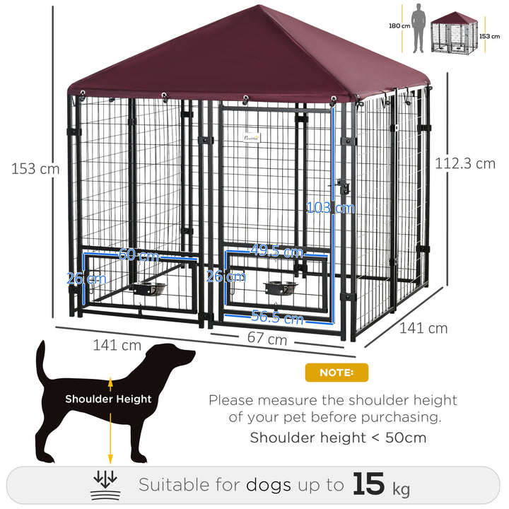 MCL Outdoor Dog Kennel with Rotating Bowl Holders, Water and UV-Resistant Cover, for Medium, Small Dogs, Red