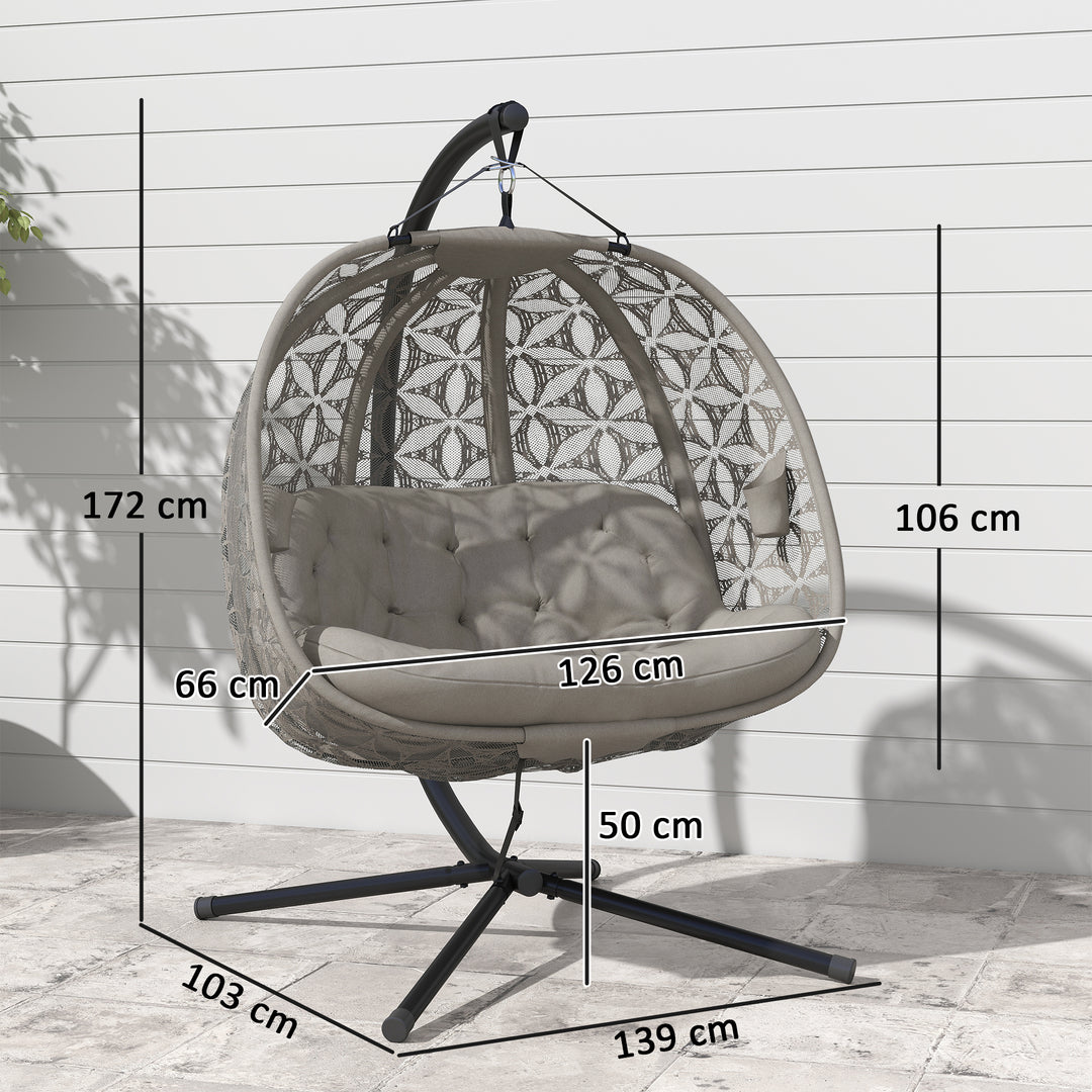 Outdoor Double Hanging Chair with Cushion and Cup Holders, Sand Brown