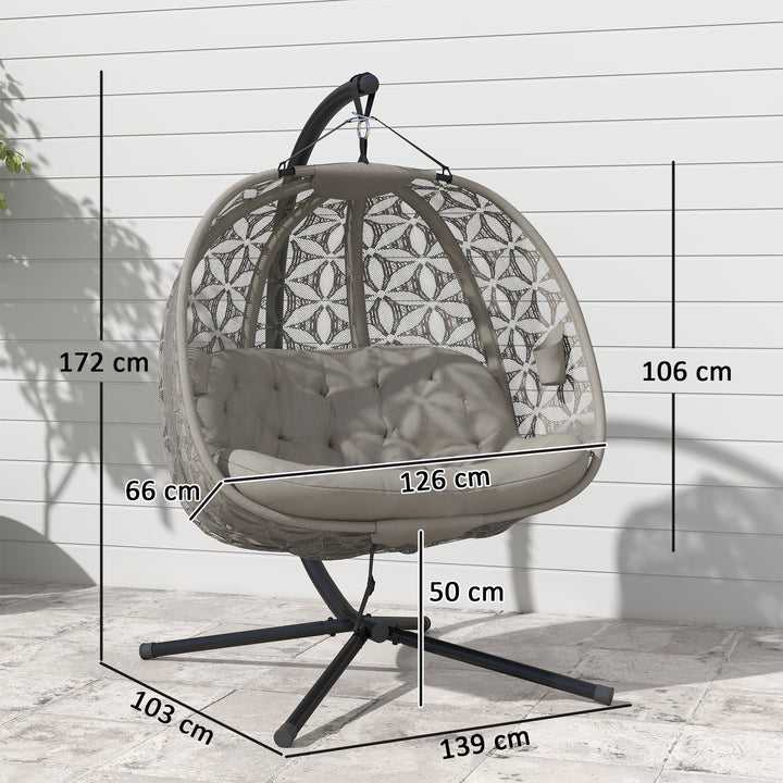 Outdoor Double Hanging Chair with Cushion and Cup Holders, Sand Brown
