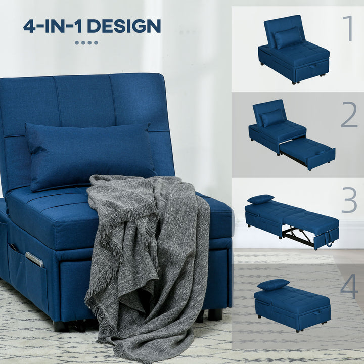 Convertible Chair Bed with Padding Seat, 4-in-1 Multi-Functional Sleeper Sofa Bed, Recliner with Adjustable Backrest, Side Pocket, Wheels and Pillow, for Living Room, Blue
