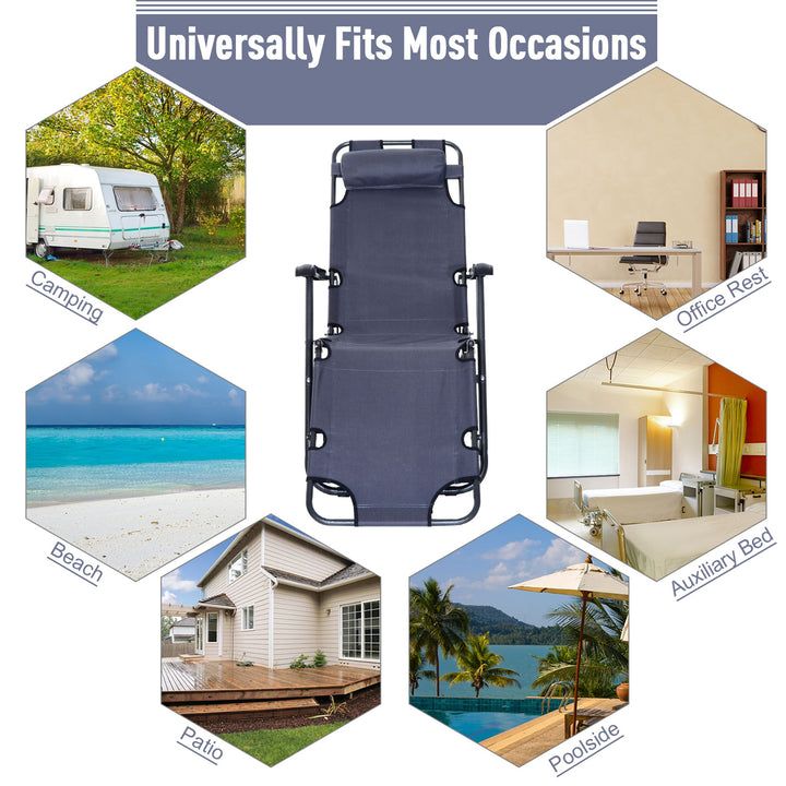 MCL 2 in 1 Folding Sun Lounger Reclining Garden Chair with 2-Level Adjustable Backrest, Outdoor Zero Gravity Recliner Garden Chair with Head Pillow and Armrests, Grey