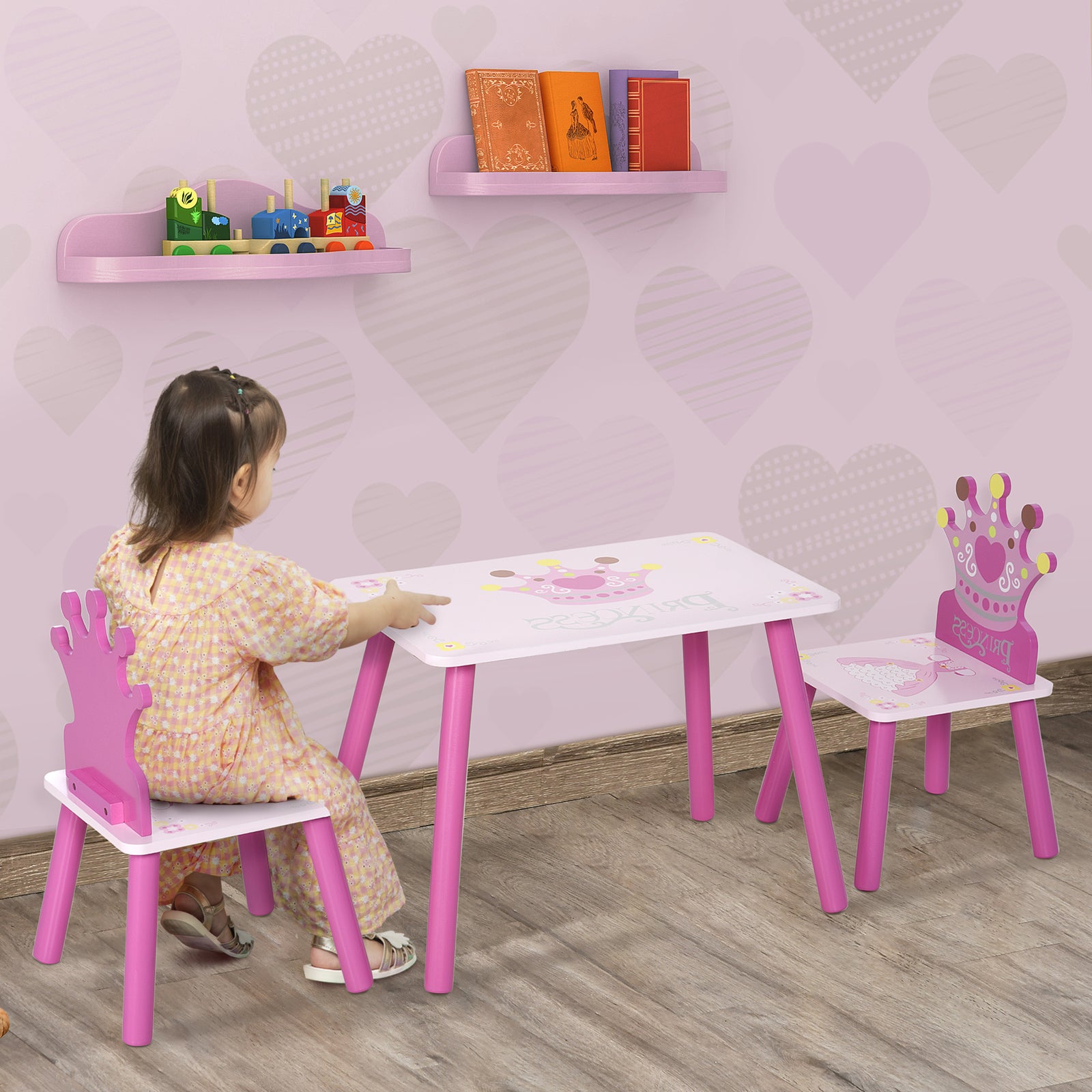 3 Pcs Kids and Table Chair Set Princess & Crown Theme Home Furniture Pretty Gift 2-4 Years Pink