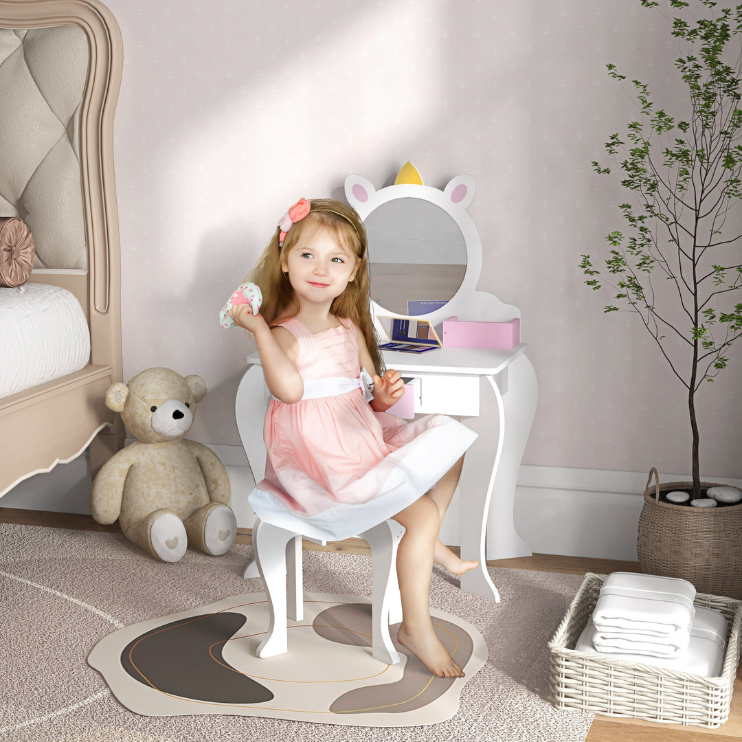 ZONEKIZ Kids Dressing Table, Unicorn Design with Mirror & Stool, Creative Play, White | Aosom UK