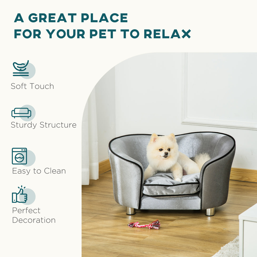 Dog Sofa Pet Chair, Kitten Bed Couch w/ Wooden Frame, Removable Cushion - Silver-Tone and Grey