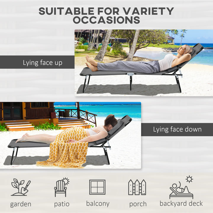 Outdoor Folding Sun Lounger Set of 2 with Face Hole, 4 Level Adjustable Backrest Reclining Garden Lounger, Garden Recliner Sunbed with 600 D Oxford Cloth Seat and Pillow for Beach, Dark Grey