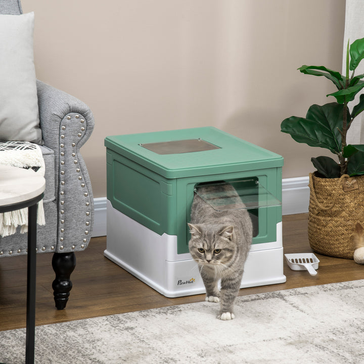 PawHut Enclosed Cat Litter Box with Scoop, Front Entry & Top Exit, Spacious Portable Pet Toilet, 47.5 x 35.5 x 36.7 cm, Green | Aosom UK