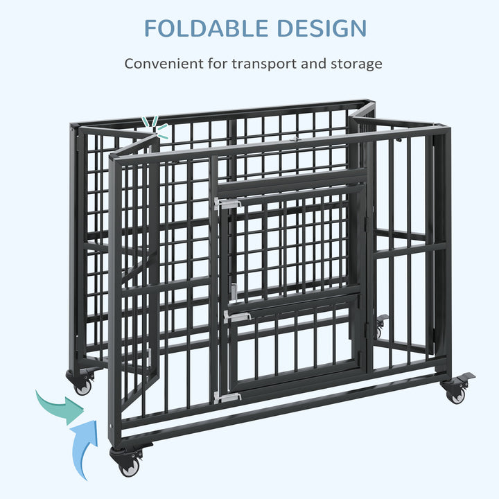 PawHut Durable Dog Crate, 43" Foldable Cage, Top Opening, Lockable, Removable Tray, Wheels, Black | Aosom UK