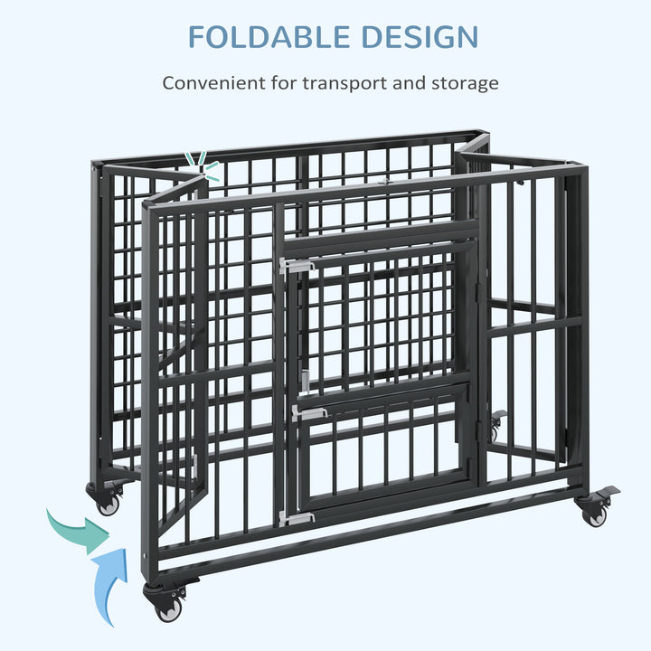 PawHut Durable Dog Crate, 43" Foldable Cage, Top Opening, Lockable, Removable Tray, Wheels, Black