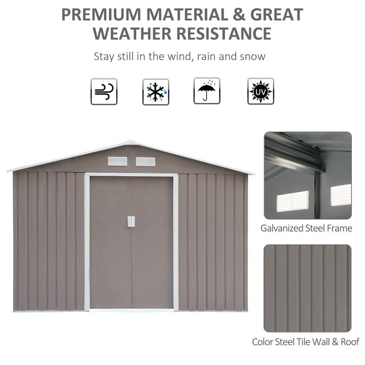 9 x 6FT Outdoor Garden Roofed Metal Storage Shed Tool Box with Foundation Ventilation & Doors Light, Grey