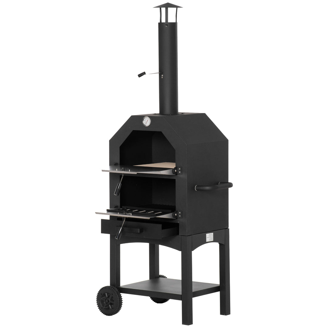Outdoor Garden Pizza Oven Charcoal BBQ Grill 3-Tier Freestanding w/ Chimney, Mesh Shelf, Thermometer Handles, Wheels Garden Party Gathering Stainless Steel Cooker