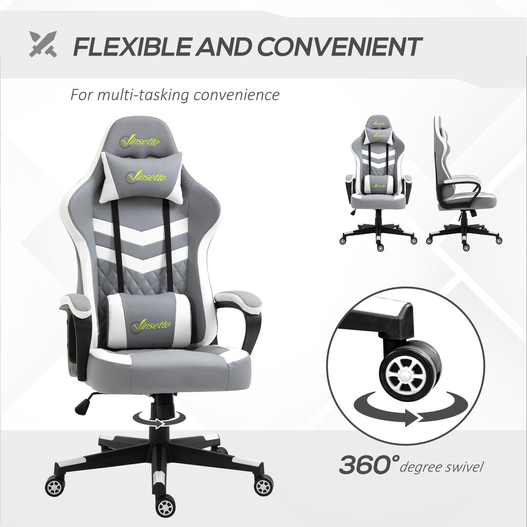 Gaming Chair, Computer Desk Chair with Lumbar Support, Faux Leather Racing Chair with Headrest and Swivel Wheels for Home Office, Grey White