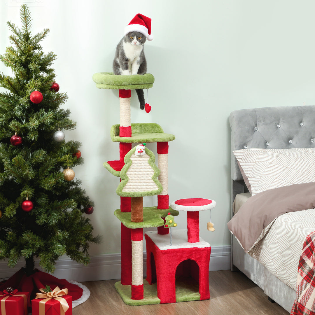 MCL Cat Tree, 120cm Christmas Cat Tower with 3 Scratching Posts, Scratching Board, 2 Perches, Platforms, Toys, Green