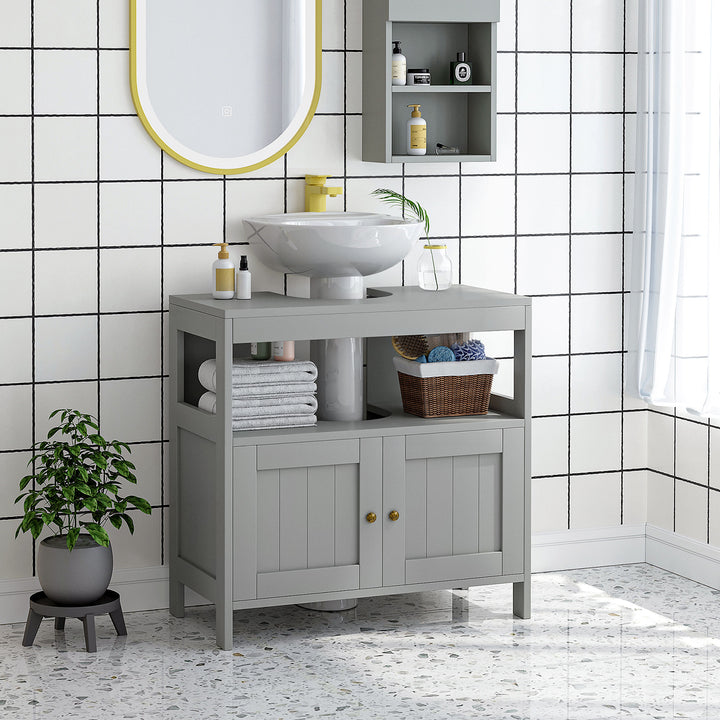 Kleankin Pedestal Under Sink Cabinet, Modern Double Door Bathroom Vanity Storage Unit with Shelves, Light Grey