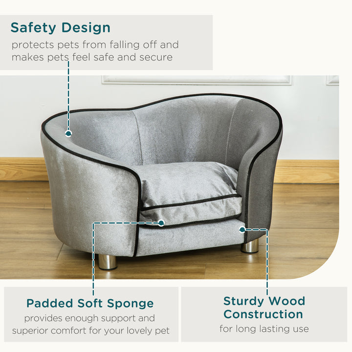 Dog Sofa Pet Chair, Kitten Bed Couch w/ Wooden Frame, Removable Cushion - Silver-Tone and Grey