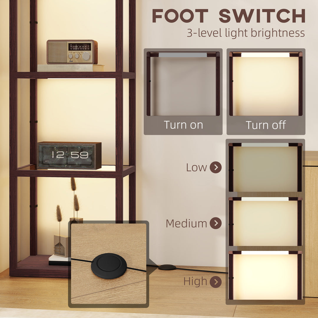 LED Floor Lamp with Glass Shelves, 4 Layers Dimmable Tall Standing Lamp, Modern Column Shelf Floor Light for Living Room, Bedroom, Office, Dark Brown