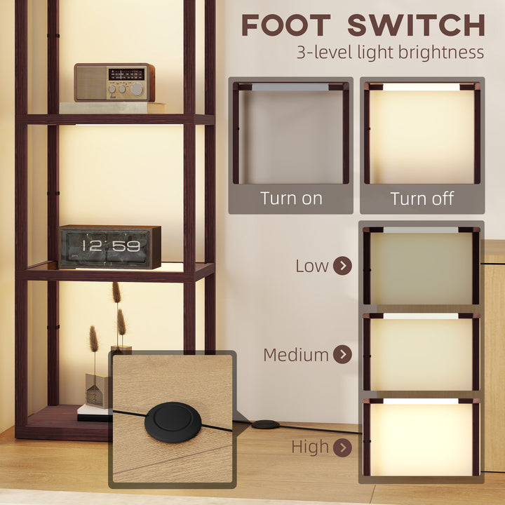 LED Floor Lamp with Glass Shelves, 4 Layers Dimmable Tall Standing Lamp, Modern Column Shelf Floor Light for Living Room, Bedroom, Office, Dark Brown