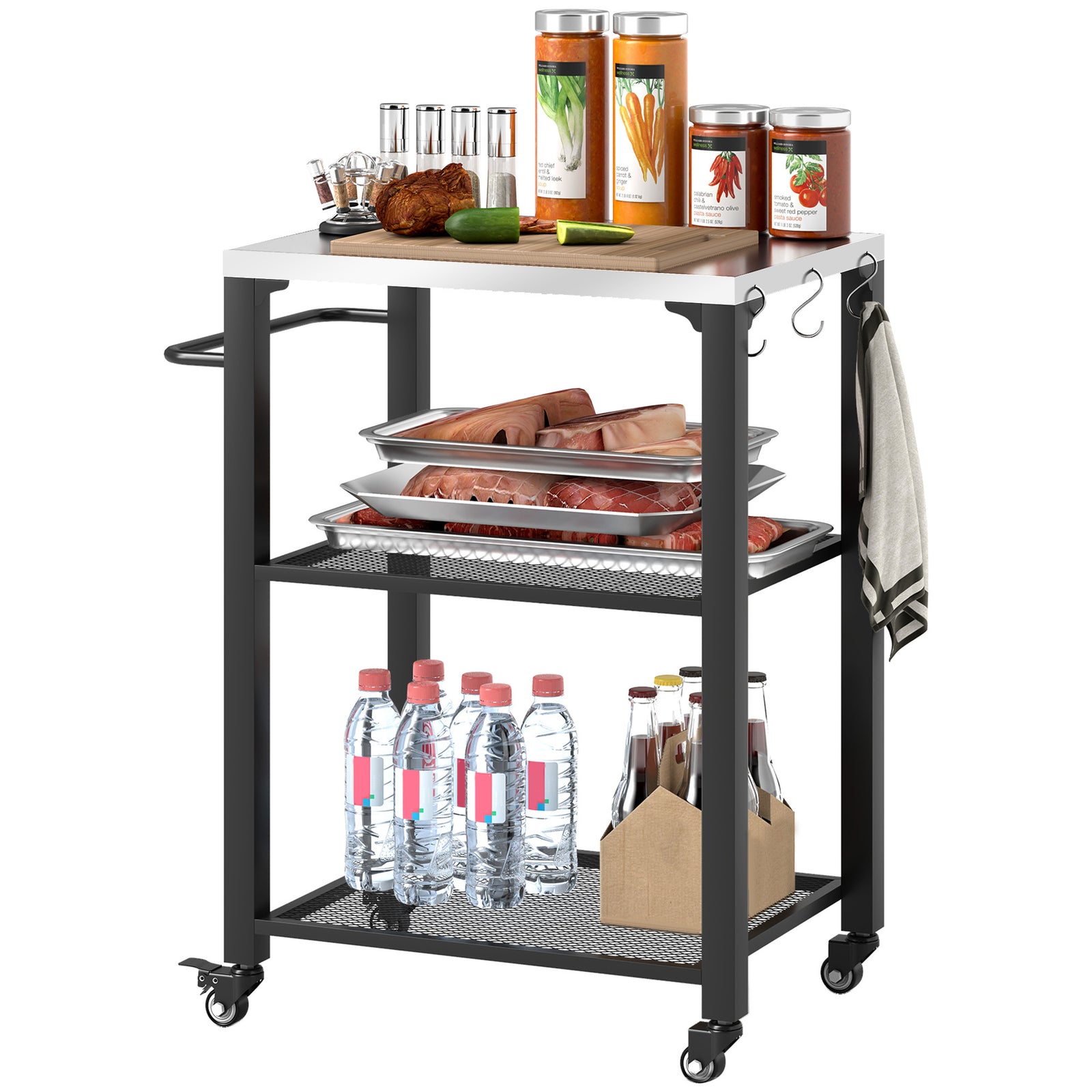 Three-Shelf Outdoor Grill Cart with Stainless Steel Top, Outdoor Kitchen Island with 4 Wheels, 3 Hooks, Movable Food Prep Pizza Oven Table for Kitchen, Patio, Garden, 65.5 x 41 x 79 cm