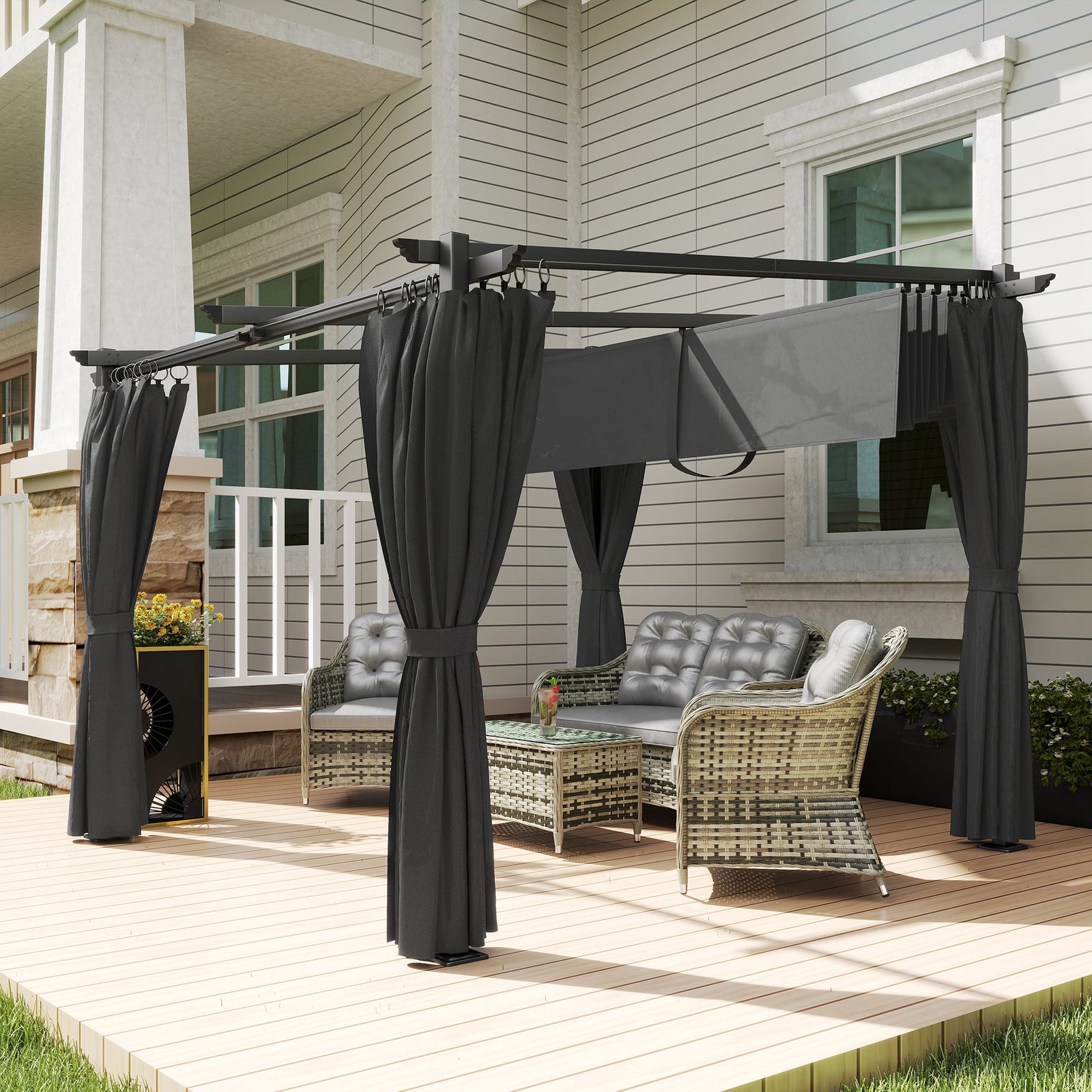 3 x 3 m Retractable Roof Pergola, with Curtains - Dark Grey