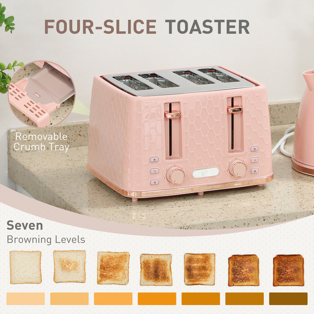 Kettle and Toaster Set, 1.7L 3000W Fast Boil Jug Kettle, 4 Slice Toaster with 7 Level Browning Controls, Light Pink
