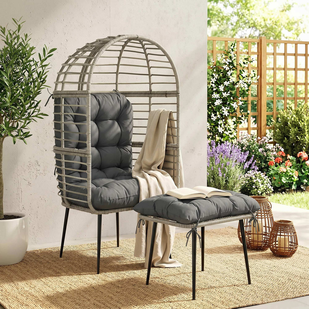 Garden Egg Chair with Footstool, Rattan Indoor Outdoor Lounge Chair an