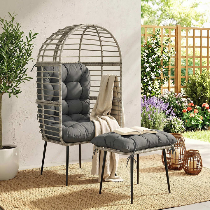 Garden Egg Chair with Footstool, Rattan Indoor Outdoor Lounge Chair an