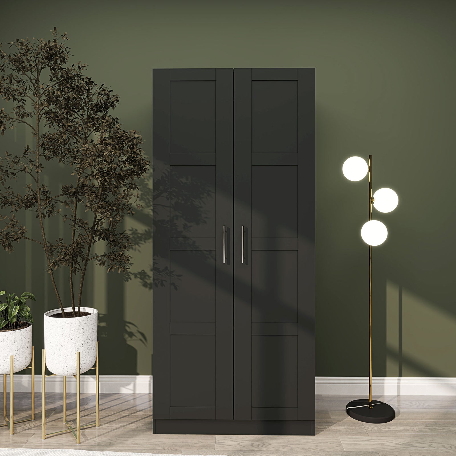 Double Panel Door Wardrobe, with Shelves - Black