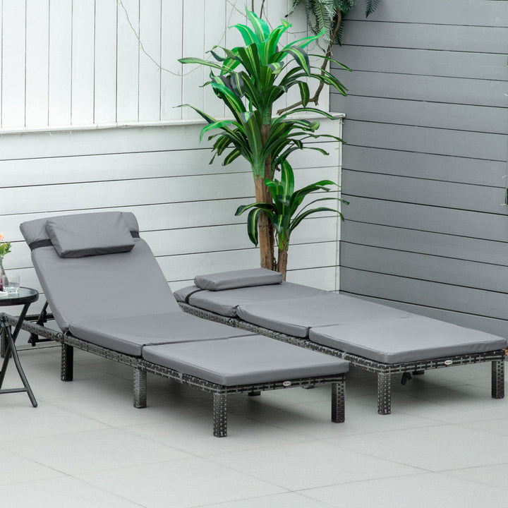 2 Pieces Outdoor PE Rattan Sun Loungers set of 2 with Cushion, Garden Wicker Sunbed Furniture with 5-Level Recliner Backrest, Grey