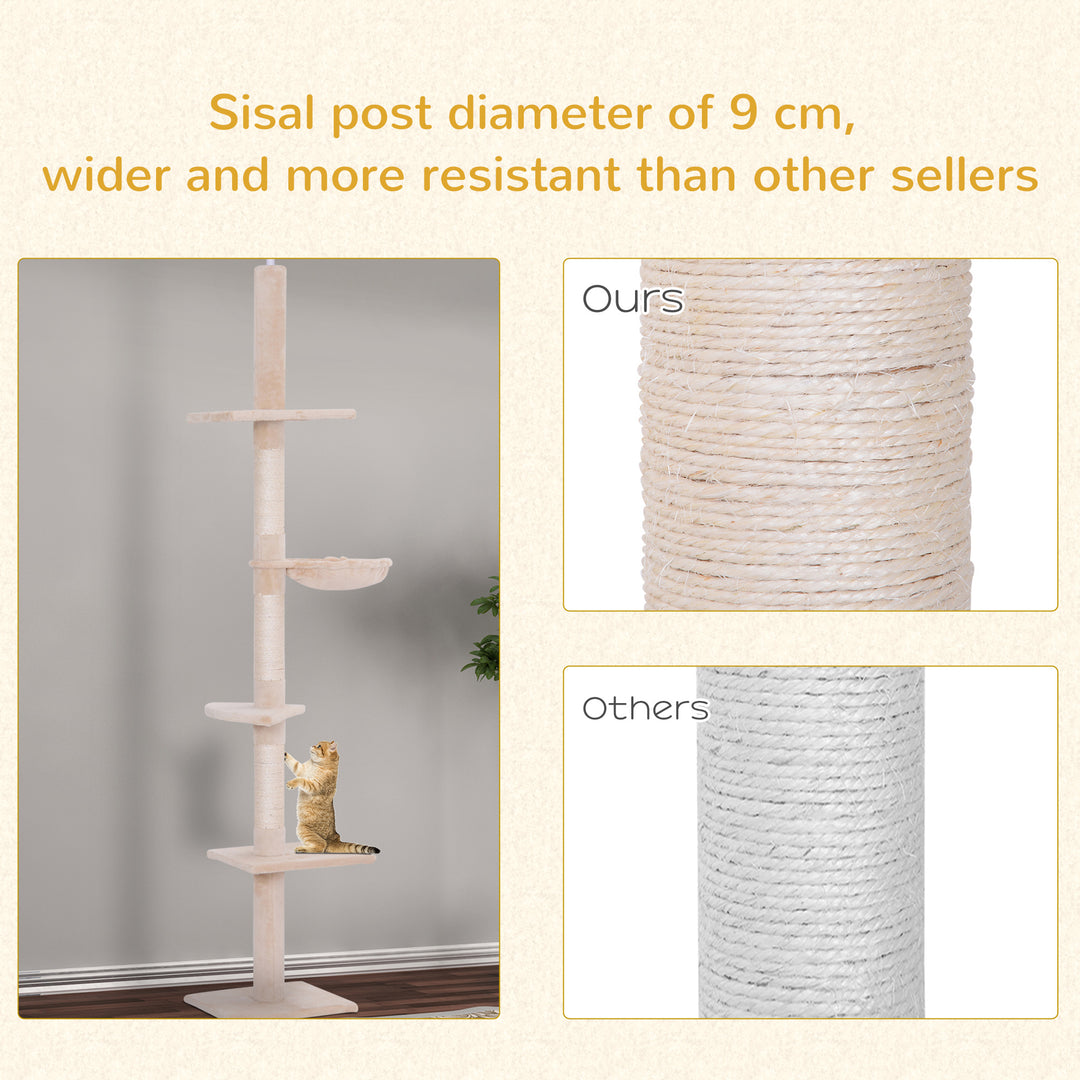 MCL Floor to Ceiling Cat Tree Height Adjustable 230-260cm, 5-Tier Cat Tower with Scratching Post, Hammock, Perches, Climbing Activity Centre for Indoor Kittens, Beige
