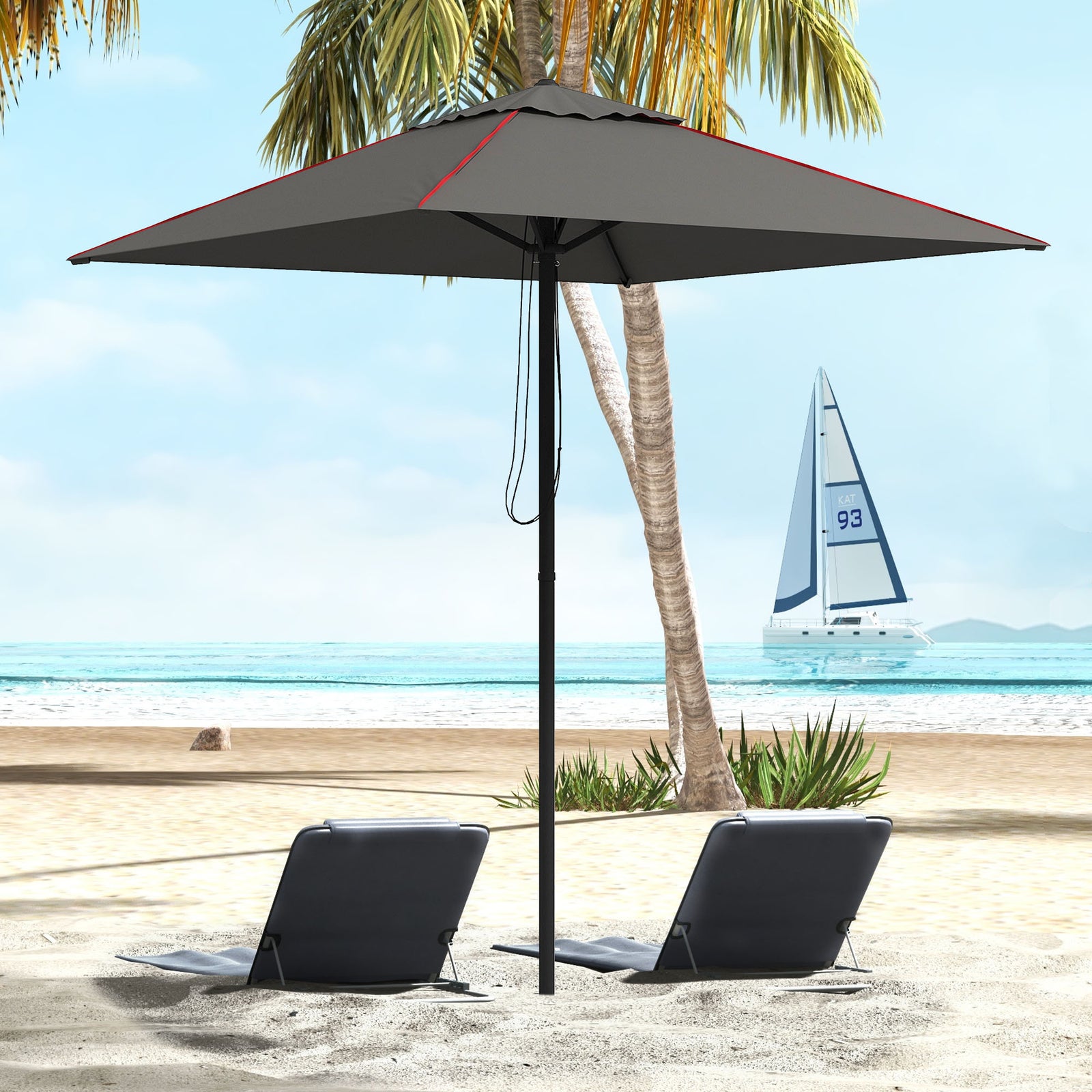 215cm Square Canopy Parasol, with Contrast Piping - Grey/Red