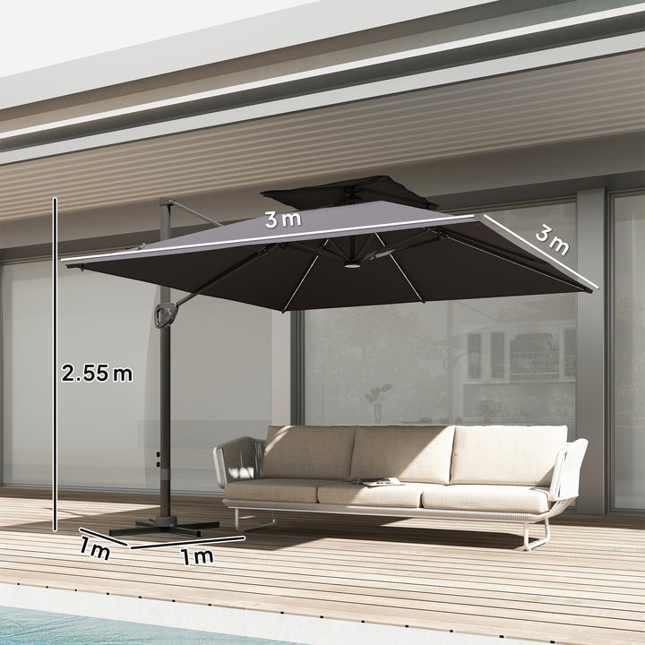 3.5x3 m Garden Cantilever Parasol with Solar LED Lights and Centre Light, Aluminium Large Square Patio Umbrella, UPF50+ Hanging Sun Shade with Cross Base, Crank Handle and Tilt, Grey