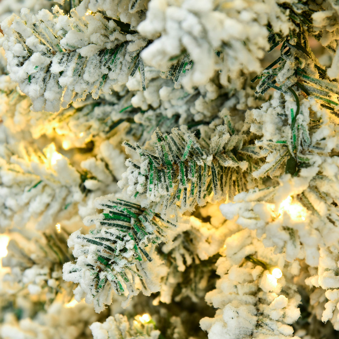 6FT Prelit Artificial Snow Flocked Christmas Tree with Warm White LED Light, Holiday Home Xmas Decoration, Green White