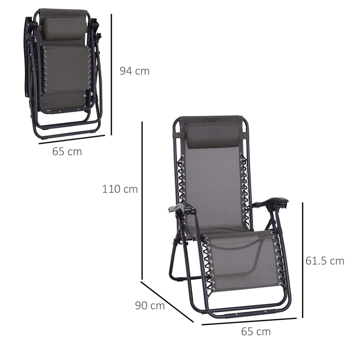 Zero Gravity Chair Metal Frame Texteline Armchair Outdoor Folding and Reclining Sun Lounger with Head Pillow for Patio Decking Gardens Camping, Grey